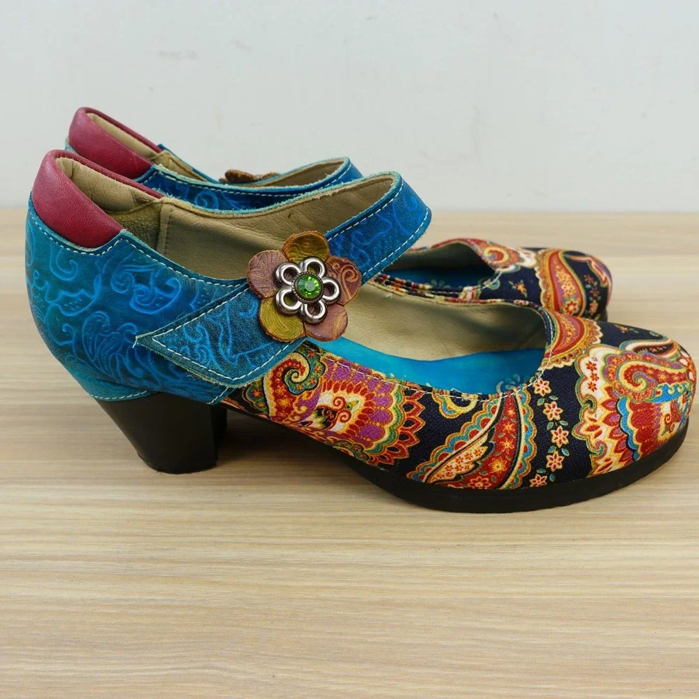 Paisley Mary Jane Pumps Womens 8 Blue Boho Festival Block Heel Artisan SOCOFY 39
